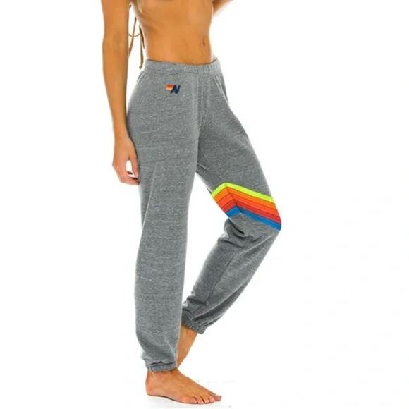 Aviator Nation Sweatpants L Jogger Grey Rainbow-Stripe-Chevron Logo-Embroidery